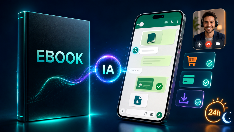 Ebook vendido no WhatsApp por IA automática 24h, com chat, checkout, entrega digital e closer humano.