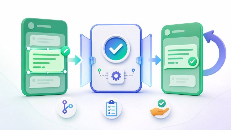 Ilustração de controle de mudanças em respostas de IA no WhatsApp com revisão, aprovação e rollback humano.