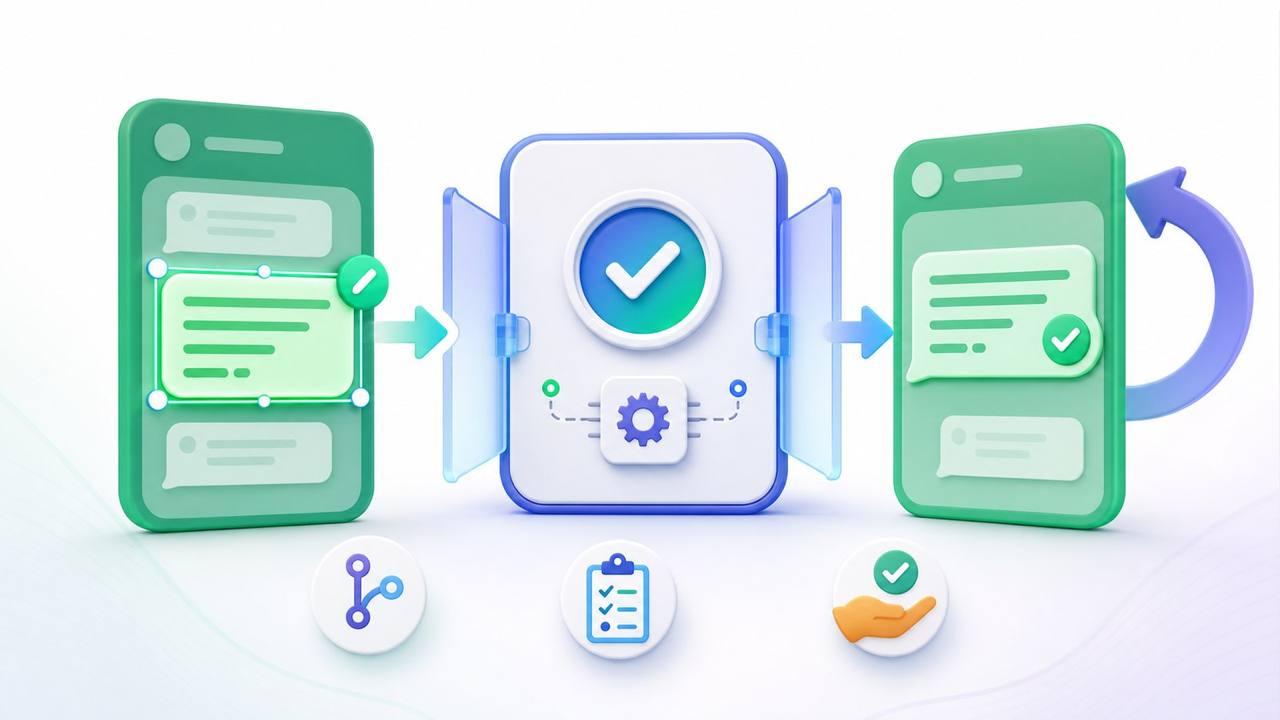 Ilustração de controle de mudanças em respostas de IA no WhatsApp com revisão, aprovação e rollback humano.