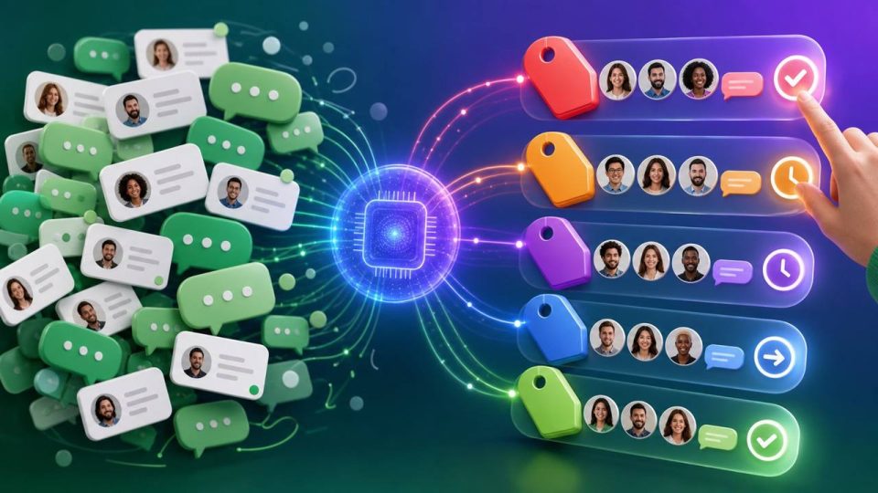 Conversas e contatos de WhatsApp organizados por tags coloridas, com IA classificando mensagens e validação humana da próxima ação.