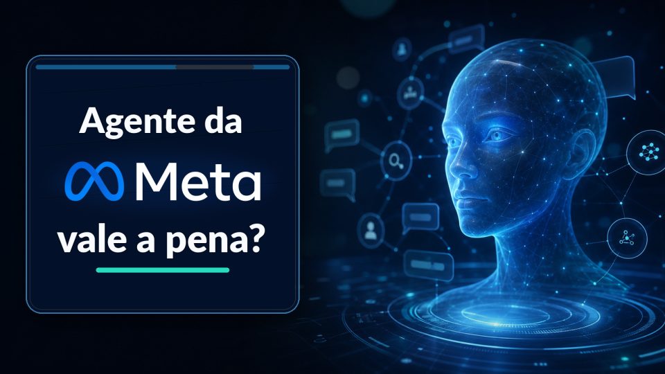 Capa premium do artigo Agente da Meta vale a pena, com avatar holográfico genérico de IA no lugar do agente da NixZap e logo oficial da Meta no título