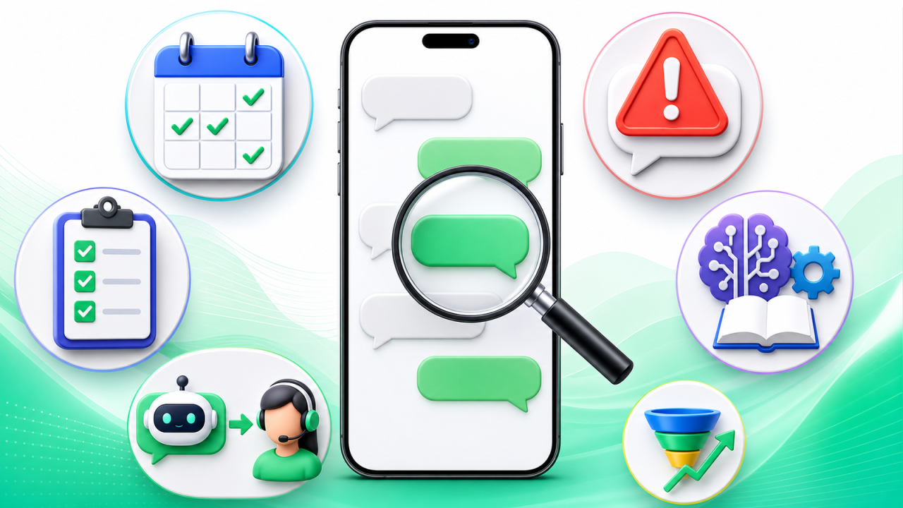 Auditoria semanal da IA no WhatsApp com ícones de calendário, checklist, lupa, alerta, ajuste da IA, handoff humano e oportunidade de venda.