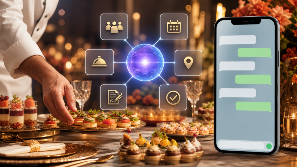 Atendimento com agente de IA organizando orçamento de buffet para festa no WhatsApp com equipe humana validando cardápio e evento