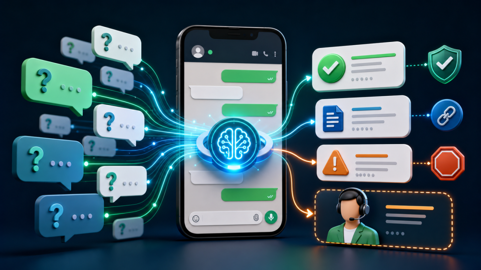 FAQ para IA no WhatsApp com perguntas frequentes, respostas aprovadas, segurança e handoff humano.