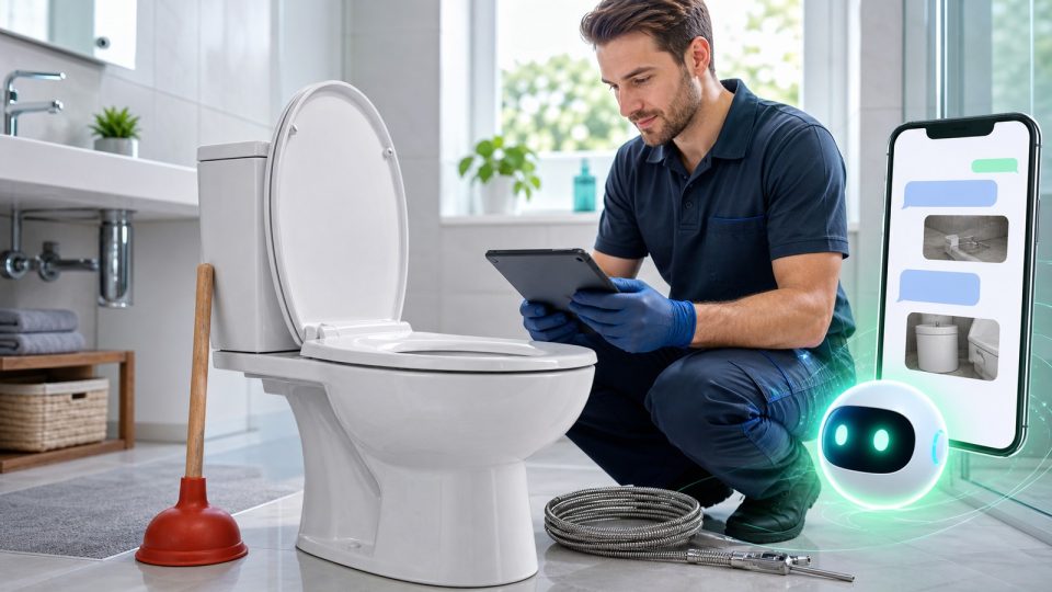 Vaso sanitário em destaque com desentupidor e cabo-mola, chat com IA e técnico validando chamado de desentupidora.
