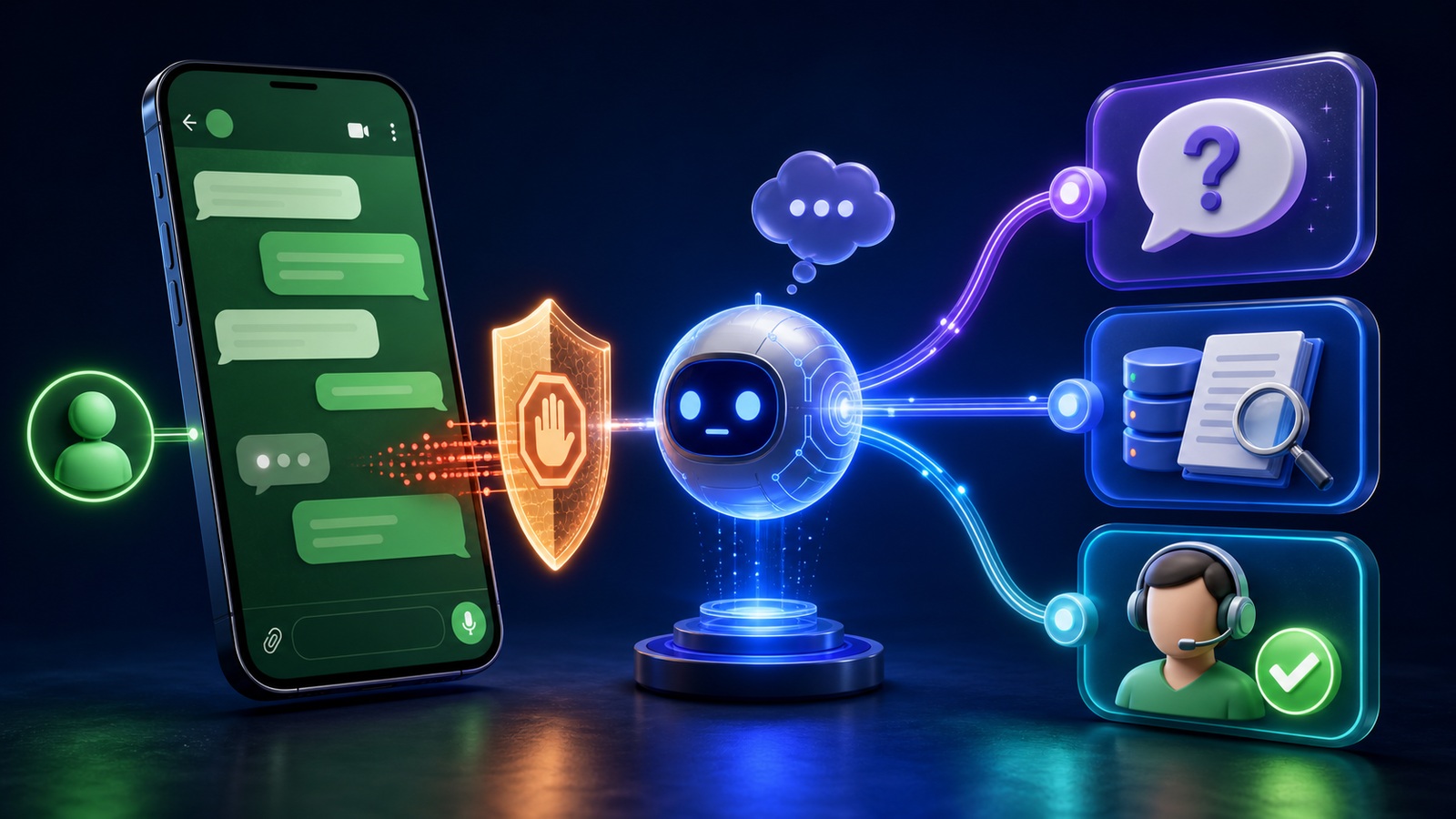 Agente de IA no WhatsApp usando mensagens de fallback para pedir contexto, consultar base, bloquear erro e chamar humano quando não sabe responder.
