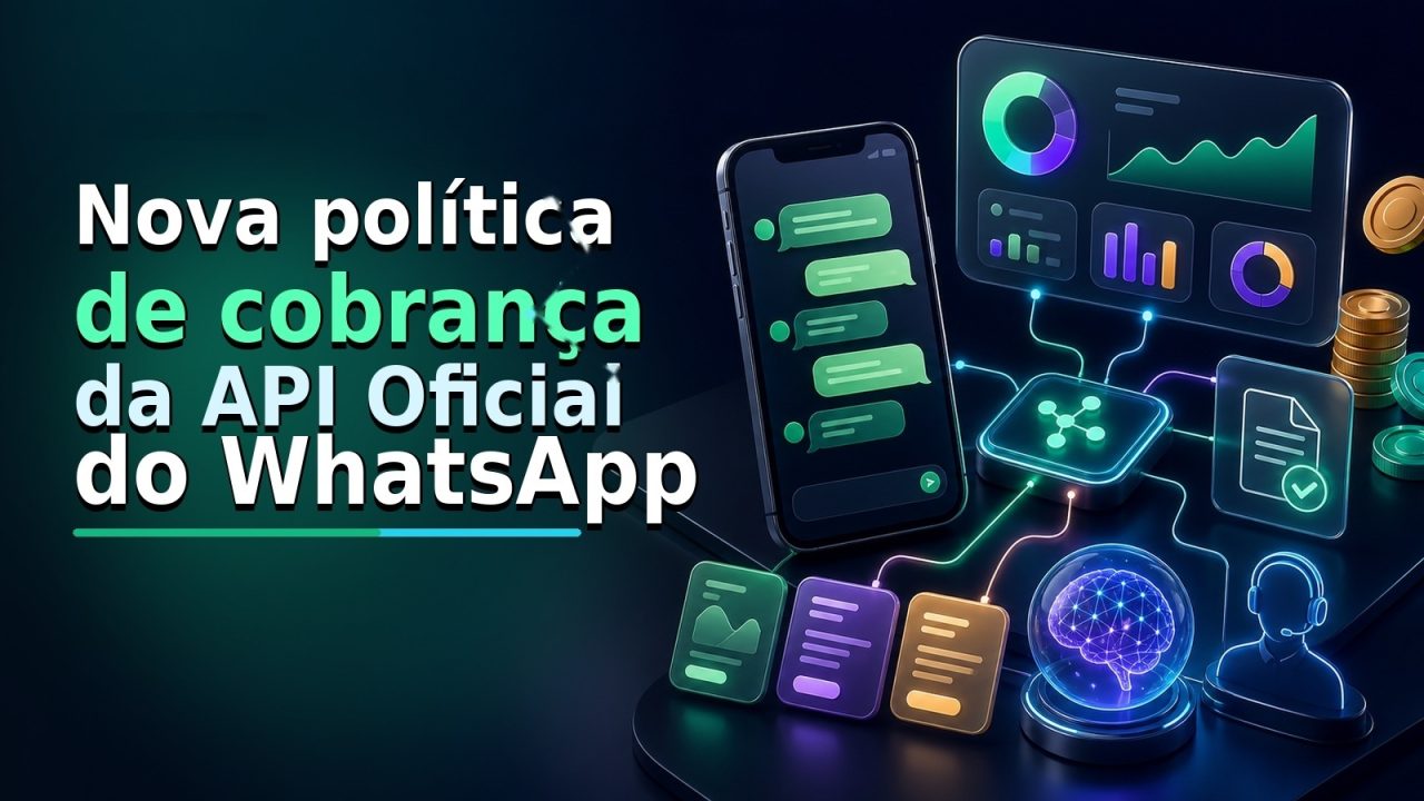 Imagem destacada com título sobre nova política de cobrança da API Oficial do WhatsApp, sem a linha e pontos ciano sobre o título.