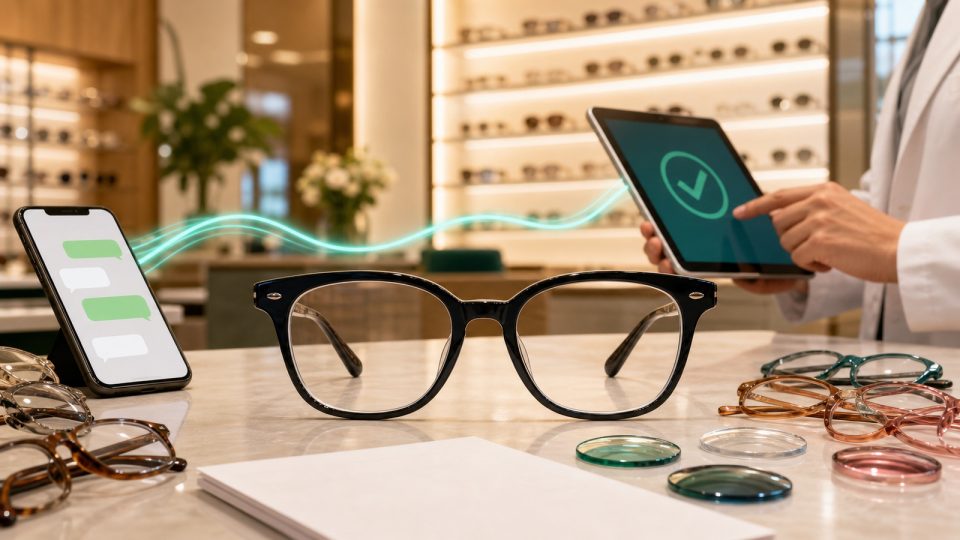 Óculos limpo em destaque no balcão de uma ótica com celular de chat, conexão de IA ao fundo e profissional validando no tablet.