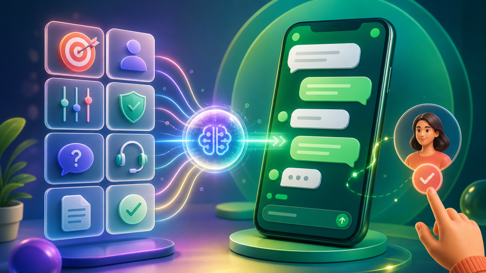 Ilustração de agente de IA recebendo instruções de prompt e respondendo mensagens em aplicativo de chat semelhante ao WhatsApp.