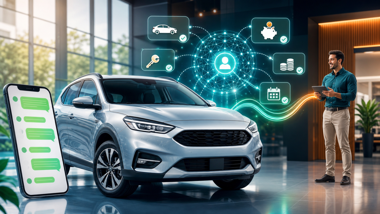Carro seminovo em destaque com chat genérico e IA qualificando entrada, troca e financiamento antes do vendedor humano.