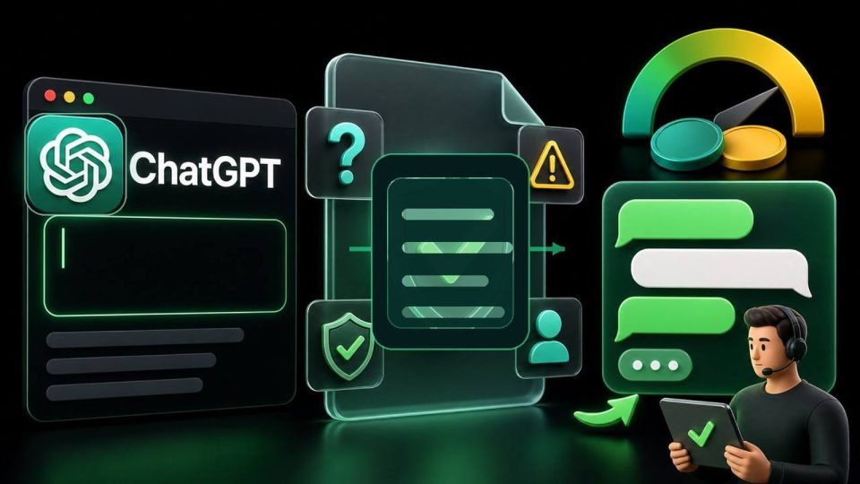 Interface do ChatGPT em destaque com validação de prompt, créditos e handoff humano para IA no WhatsApp.