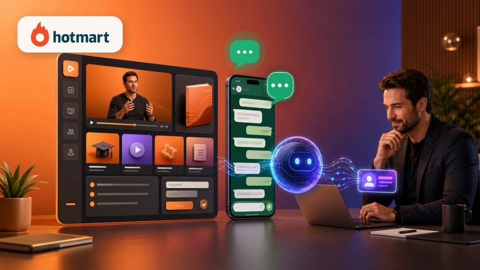 Venda de infoproduto no WhatsApp com referência visual à Hotmart, IA qualificando dúvidas e closer humano