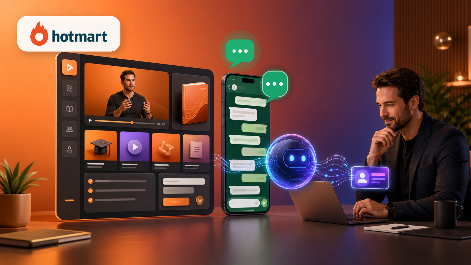 Venda de infoproduto no WhatsApp com referência visual à Hotmart, IA qualificando dúvidas e closer humano