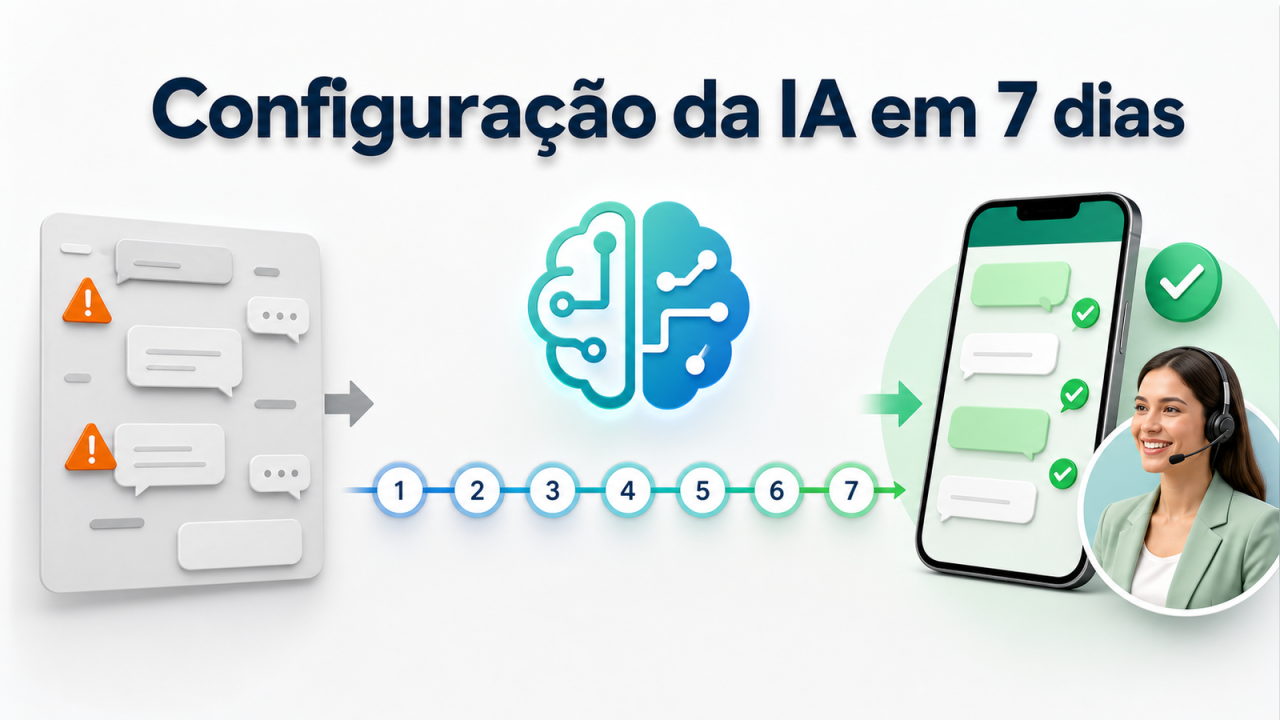 Configuração da IA em 7 dias em fundo claro para mudar atendimento no WhatsApp com handoff humano.