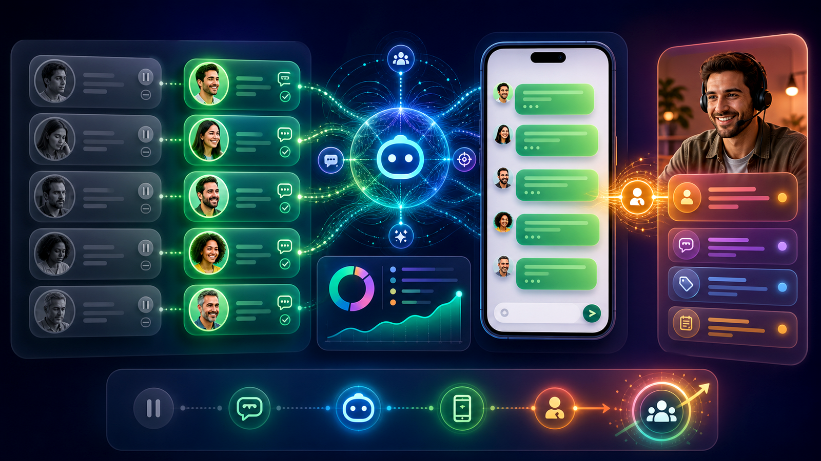Imagem conceitual de clientes inativos sendo reativados no WhatsApp por IA com passagem para atendimento humano.
