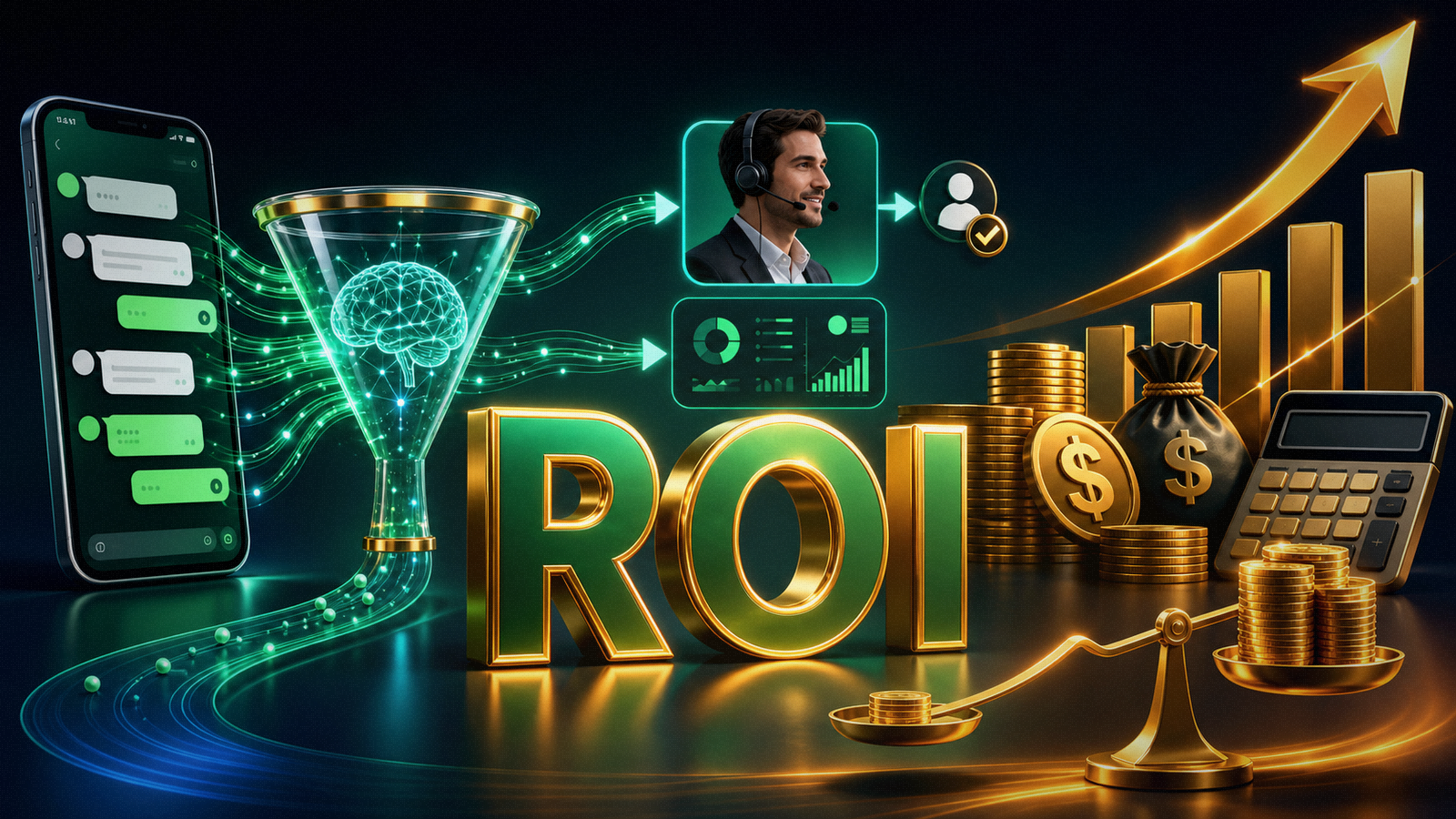 Imagem elegante de ROI do WhatsApp com IA com símbolo ROI, chat, funil, humano e retorno financeiro.