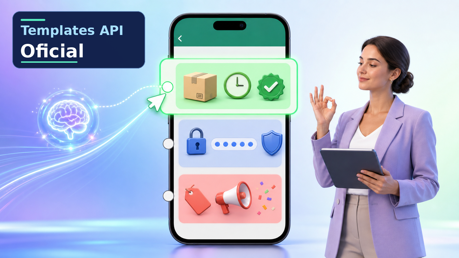 Imagem destacada: Templates API Oficial, com celular central exibindo as categorias Utilidade, Autenticação e Marketing, IA à esquerda e validação humana à direita.