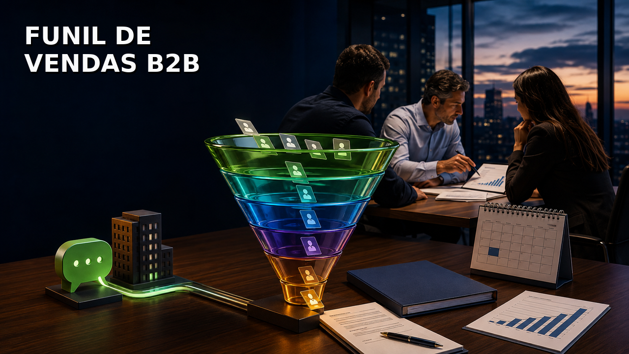 Capa Funil de vendas B2B: funil físico colorido, três decisores em reunião, proposta comercial, calendário e gráficos em uma sala executiva.