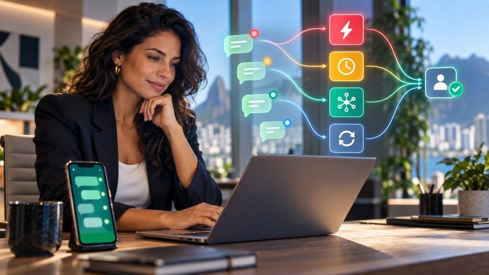 Gestora comercial analisa uma fila de conversas em celular e notebook; quatro sinais coloridos representam prioridades de atendimento, automação e repasse humano.