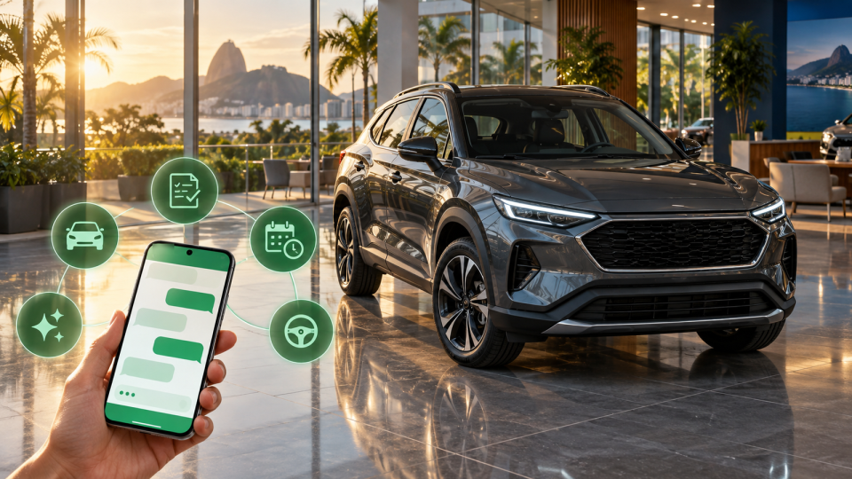 SUV em concessionária com celular exibindo conversa de atendimento no WhatsApp