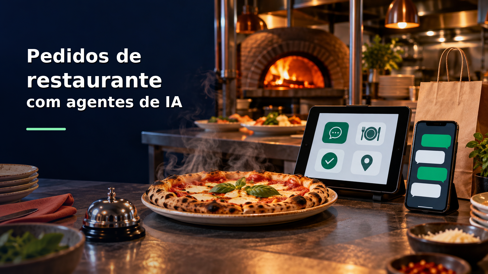 Pedidos de restaurante com agentes de IA: pizza em restaurante, chat no celular e confirmação de pedido no tablet.