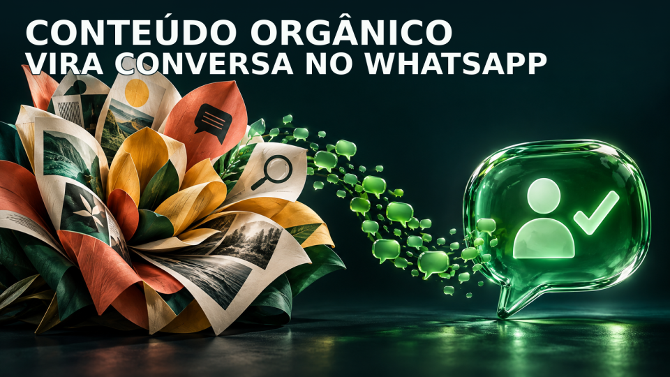 Conteúdo orgânico representado por páginas editoriais que se transformam em conversa qualificada no WhatsApp.