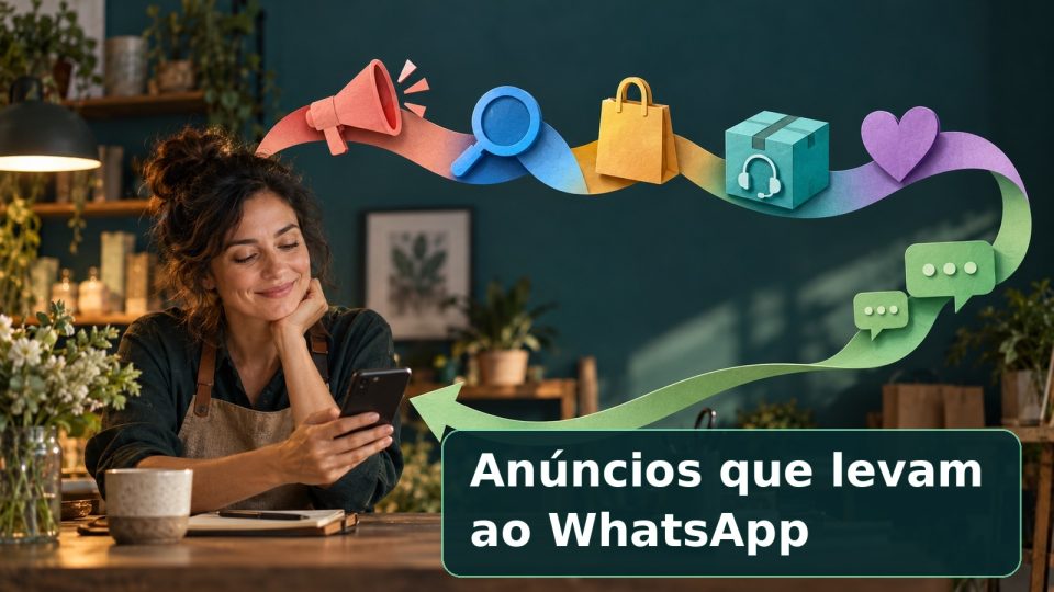 Empreendedora acompanha conversa no celular; ícones mostram anúncio que leva ao WhatsApp. Título: Anúncios que levam ao WhatsApp.