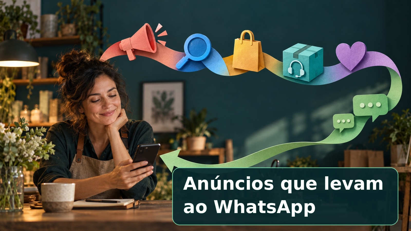 Empreendedora acompanha conversa no celular; ícones mostram anúncio que leva ao WhatsApp. Título: Anúncios que levam ao WhatsApp.