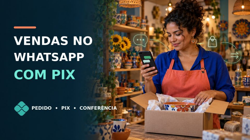 Comerciante prepara pedido vendido pelo WhatsApp; símbolo do Pix e etapa de conferência acompanham a conversa
