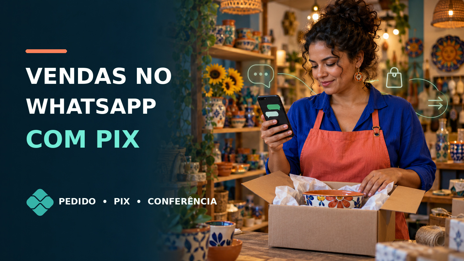 Comerciante prepara pedido vendido pelo WhatsApp; símbolo do Pix e etapa de conferência acompanham a conversa
