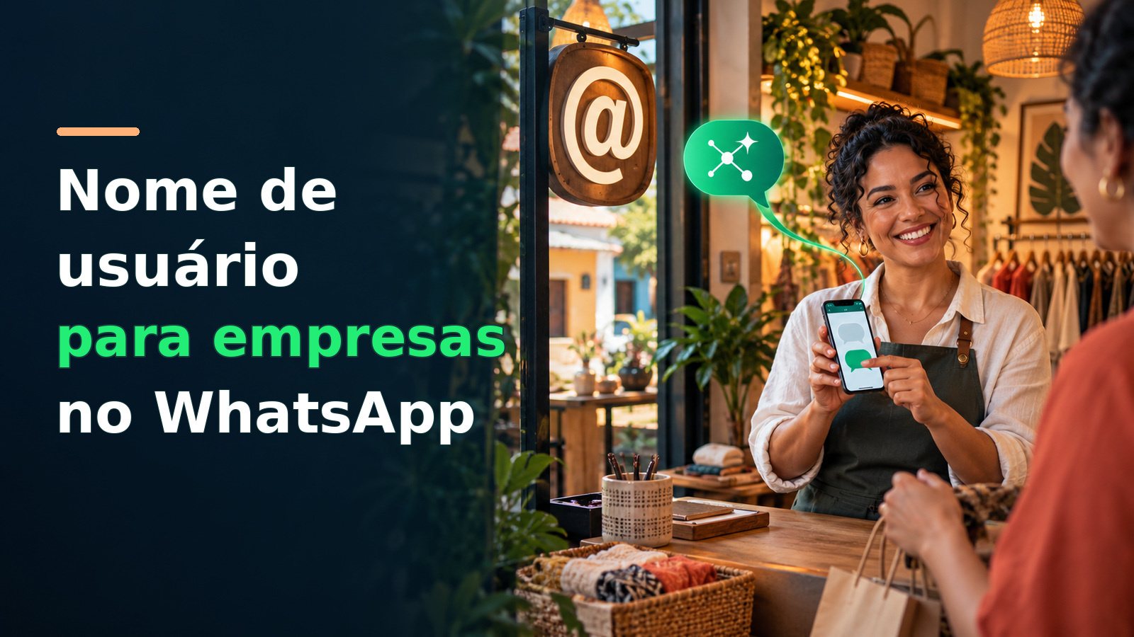Nome de usuário para empresas no WhatsApp em verde forte; lojista mostra conversa a uma cliente