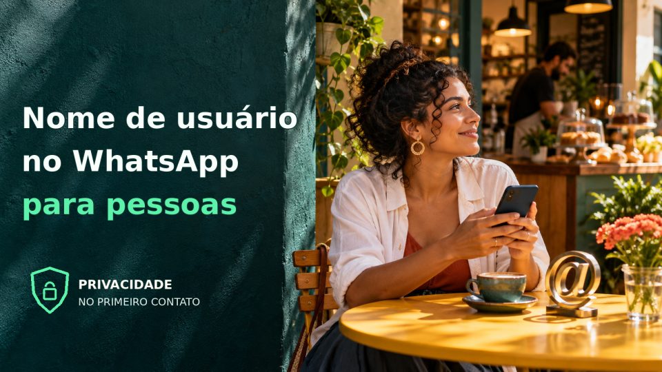 Pessoa com celular em café, símbolo de arroba e escudo de privacidade; nome de usuário no WhatsApp para pessoas