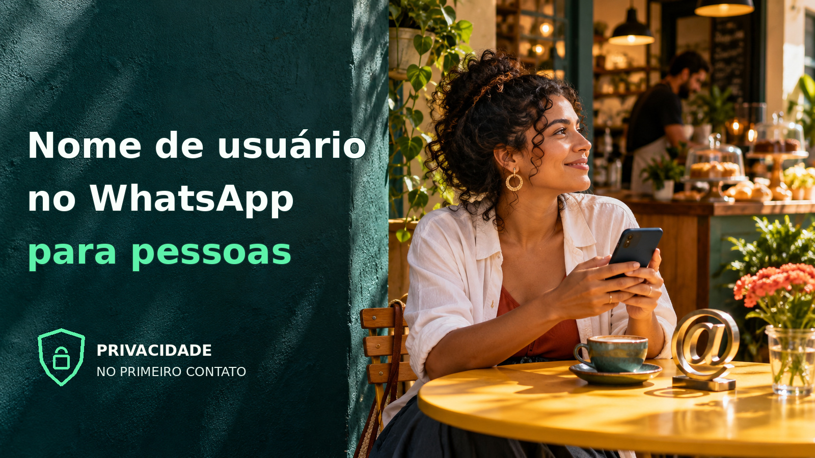 Pessoa com celular em café, símbolo de arroba e escudo de privacidade; nome de usuário no WhatsApp para pessoas