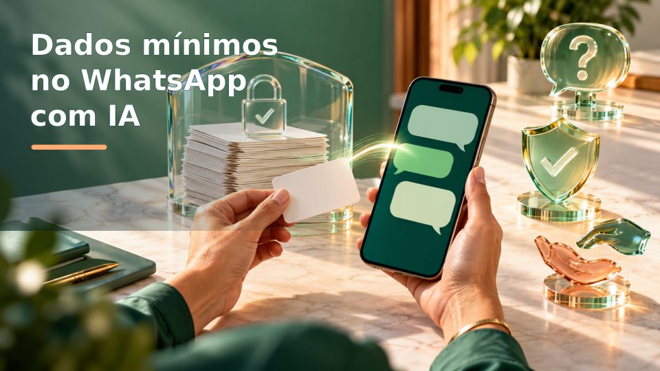 Cartão com dados mínimos junto a conversa por mensagens e documentos protegidos por cadeado e escudo