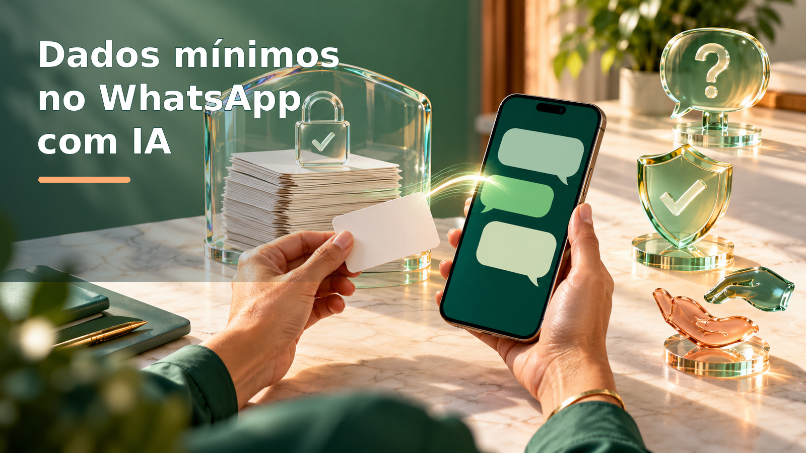 Cartão com dados mínimos junto a conversa por mensagens e documentos protegidos por cadeado e escudo