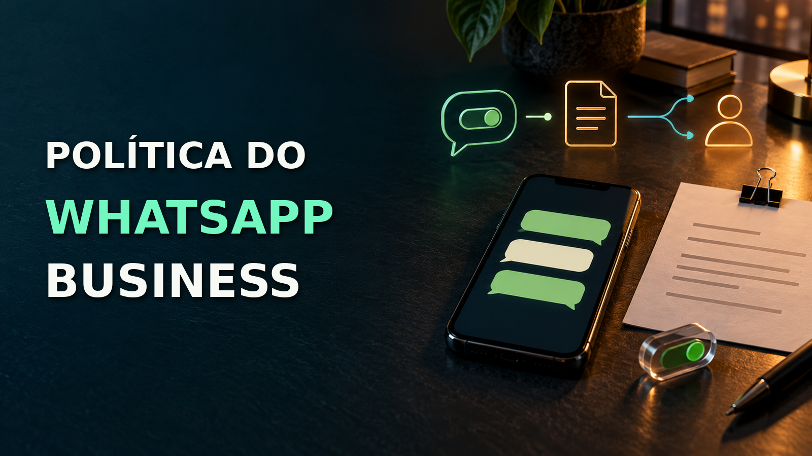 Telefone com conversas e símbolos de permissão, política de mensagens e encaminhamento humano em mesa de trabalho